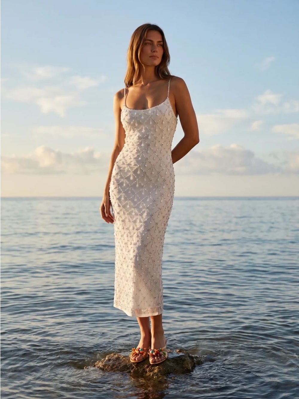 NWT Oceanus Calliope Luxury Crystal Maxi Party Dress White - XS ($1064)